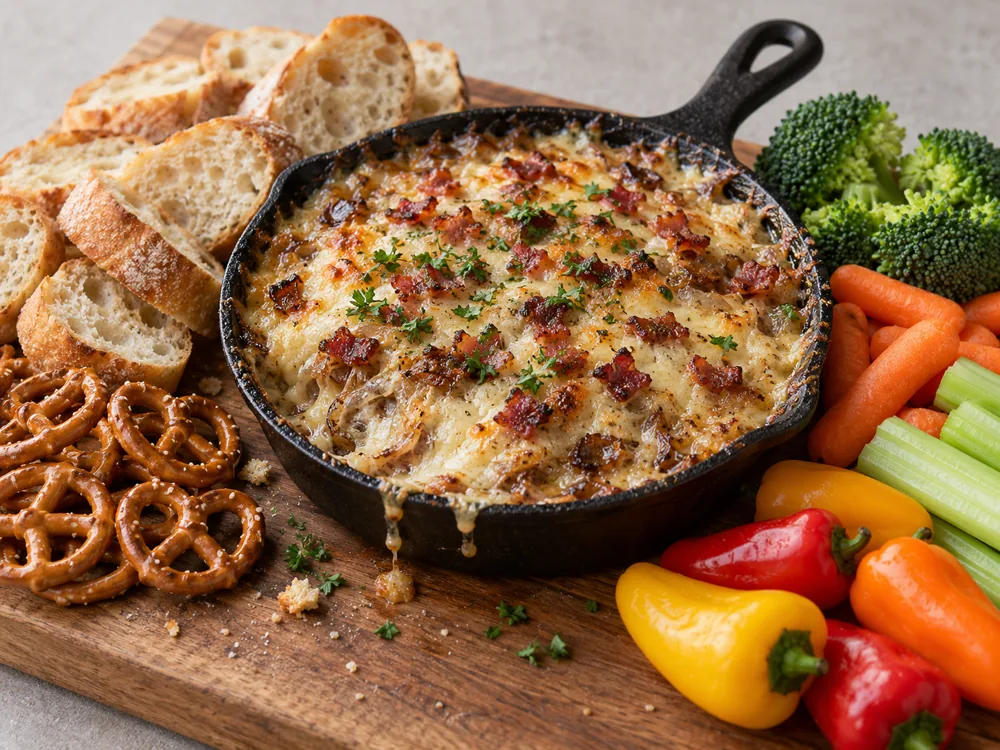 Cast iron skillet of browned, bubbling cheese dip with bread, pretzels and raw vegetables - Vintage Lot 18 | KnowTheCheese