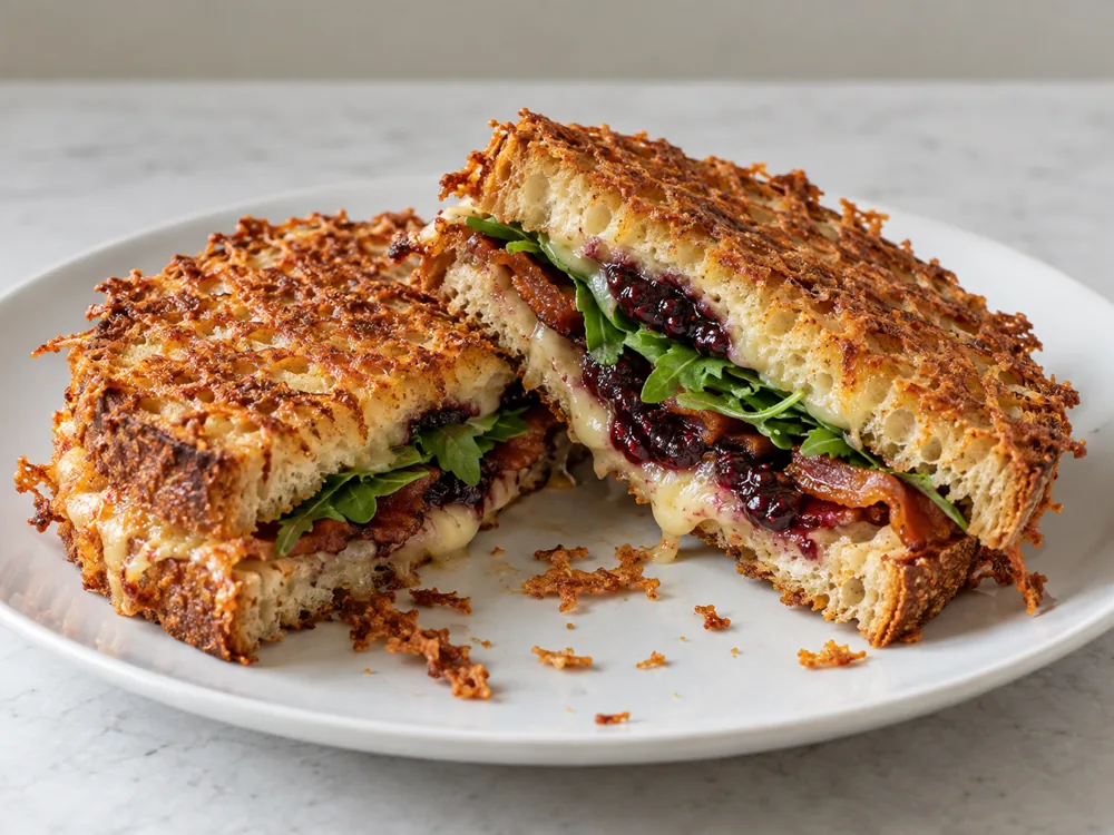 Inside-out grilled cheese with a crisp cheese crust, blackberry jam, bacon and arugula - Vintage Lot 18 | KnowTheCheese