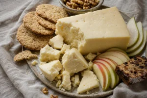 Wensleydale chunks with apple pear oatcakes and fruit cake - Wensleydale Cheese | KnowTheCheese