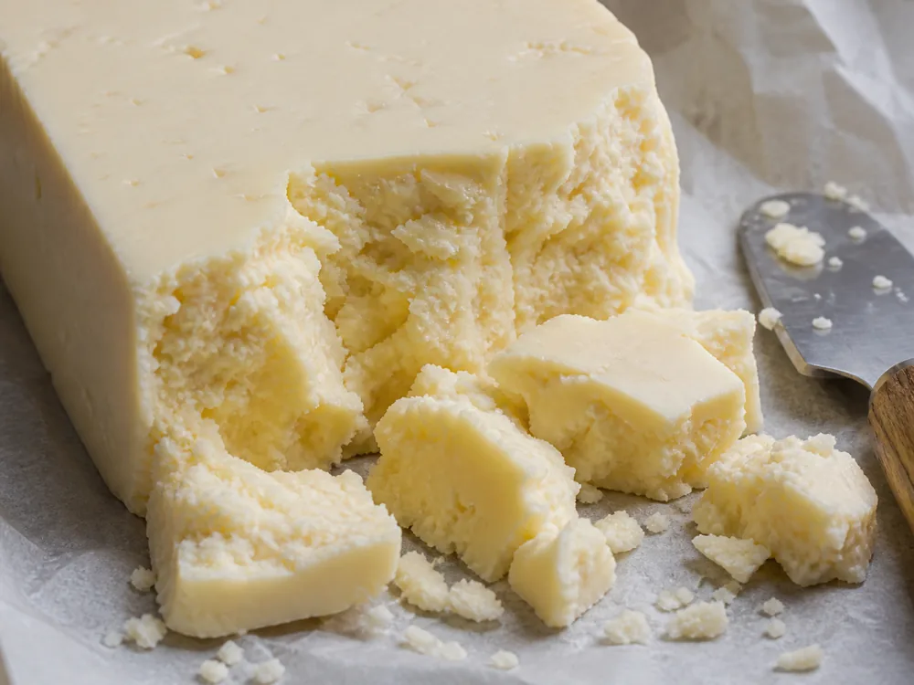 Broken Wensleydale wedge showing moist crumbly texture - Wensleydale Cheese | KnowTheCheese
