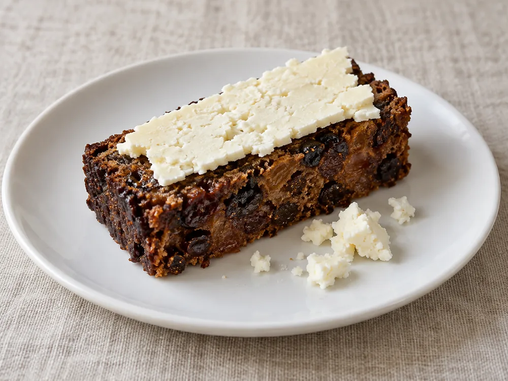 Slice of fruit cake topped with a thin slice of creamy-white crumbly cheese - Wensleydale Cheese | KnowTheCheese