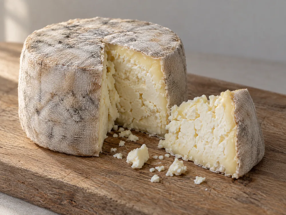 Muslin-bound cheese truckle cut open to show creamy-white crumbly paste - Wensleydale Cheese | KnowTheCheese