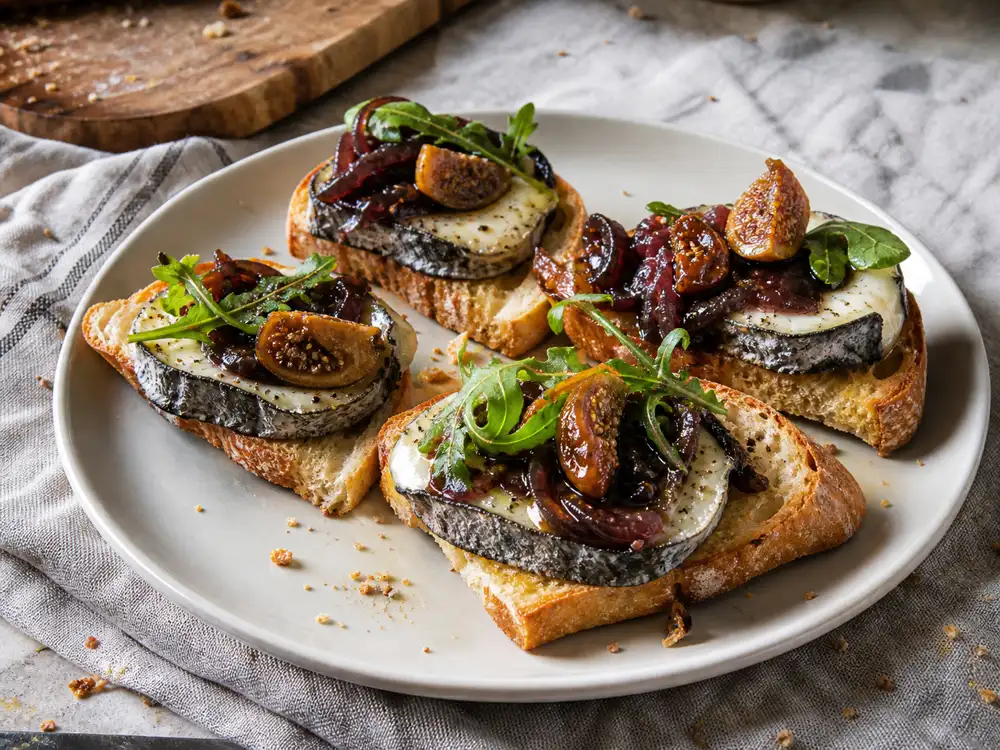 Warm toast with ash coated goat cheese balsamic onions figs and greens - Yarra Valley Vintage Savourine | KnowTheCheese