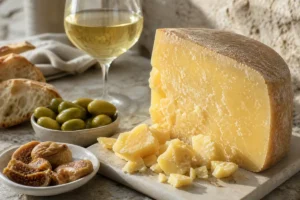 Croatian extra mature hard cheese wedge with olives figs bread and white wine - Zigljen Iz Extra Mature | KnowTheCheese