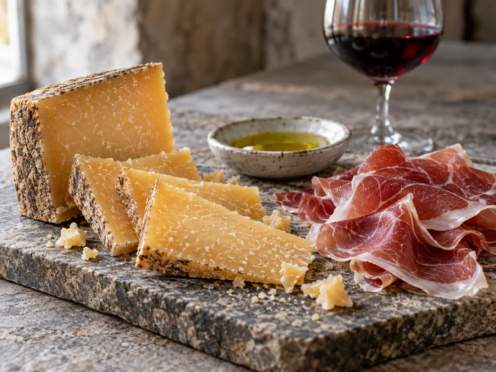 Slices of hard golden cheese with thin-sliced cured meat, olive oil and a glass of red wine - Zigljen Iz Extra Mature | KnowTheCheese