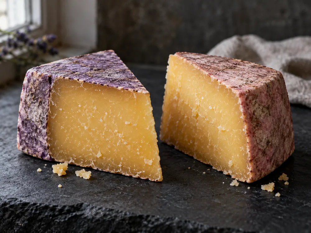 Two wedges of firm golden cheese, one with a violet-tinted rind and one with a rose-tinged rind - Zigljen Iz Extra Mature | KnowTheCheese